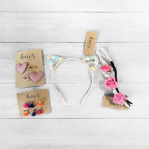 Girls’ Hair Accessories Bundle – Floral Headband, Glitter Clips & Tassel Pins
